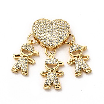 Rack Plating Brass Micro Pave Cubic Zirconia Pendants, Cadmium Free & Lead Free, Real 18K Gold Plated, Heart & Boy Charm, Clear, 30mm, Hole: 4x1.6mm