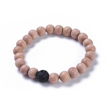 Wood Beaded Stretch Bracelets, with Natural Lava Rock Beads, Round, 2-1/8 inch(53mm)