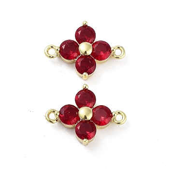 Rack Plating Brass Pave Cubic Zirconia Connector Charms, Flower Links, Real 18K Gold Plated, Long-Lasting Plated, Lead Free & Cadmium Free, Red, 13.5x10x4mm, Hole: 1mm