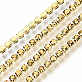 Electroplate Brass Rhinestone Strass Chains, Rhinestone Cup Chains, with Spool, Golden, Golden, SS6.5(2~2.1mm), 2~2.1mm, about 10yards/roll(9.14m/roll)