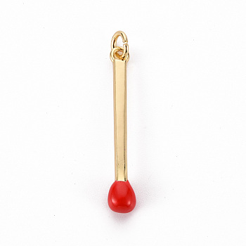 Brass Enamel Pendants, with Jump Ring, Cadmium Free & Nickel Free & Lead Free, Match, Real 16K Gold Plated, Red, 30x4.5mm, Jump Ring: 5x1mm, 3mm inner diameter
