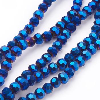 Electroplate Glass Bead Strands, Faceted(32 Facets), Round, Blue Plated, 4mm, Hole: 0.5mm, about 100pcs/strand, 14.2 inch