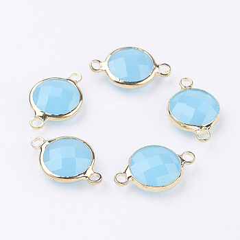 Golden Tone Brass Glass Links connectors, Faceted, Flat Round, Light Blue, 15x8.5x3.5mm, Hole: 1.5mm