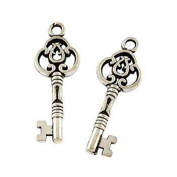 Tibetan Style Alloy Skeleton Key Pendants, Cadmium Free & Lead Free, Antique Silver, 28.3x10x2.5mm, Hole: 2mm, about 454pcs/500g