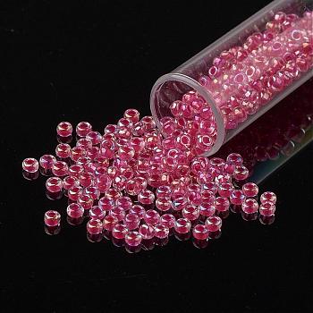 11/0 Grade A Round Glass Seed Beads, Transparent Inside Colours, AB Color Plated, Flamingo, 2.3x1.5mm, Hole: 1mm, about 48500pcs/pound