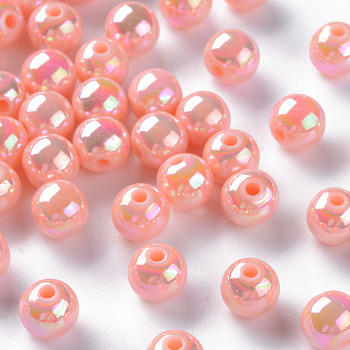 Opaque Acrylic Beads, AB Color Plated, Round, Light Salmon, 8x7mm, Hole: 2mm, about 1745pcs/500g