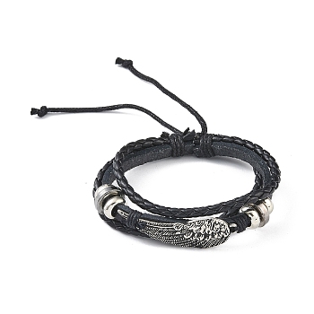 PU Leather & Waxed Cords Triple Layer Multi-strand Bracelets, Braided Adjustable Bracelet Alloy Wing, Black, Inner Diameter: 2-3/8~3-1/8 inch(5.9~8cm)