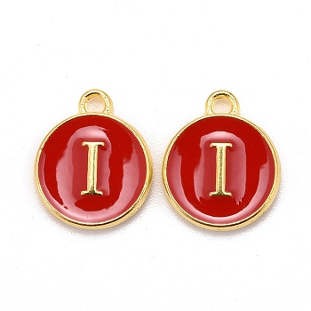 Golden Plated Alloy Enamel Charms, Cadmium Free & Lead Free, Enamelled Sequins, Flat Round, Red, Letter.I, 14x12x2mm, Hole: 1.5mm
