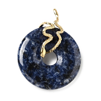 Natural Blue Spot Jasper Pendants, with Ion Plating(IP) Golden Tone 304 Stainless Steel Findings, Snake with Donut/Pi Disc Charm, 37~40x30x12~13mm, Hole: 10.5x2mm