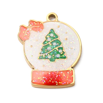 Christmas 304 Stainless Steel Enamel Pendants, with Powdered Gold, Ion Plating(IP), Cadmium Free & Nickel Free & Lead Free, Crystal Ball with Christmas Tree, 16.5x13x1.8mm, Hole: 1.4mm
