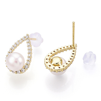 Natural Pearl Stud Earrings, Teardrp Brass Micro Pave Clear Cubic Zirconia Earrings with 925 Sterling Silver Pins, Real 18K Gold Plated, 14.5x9mm, Pin: 12.5x0.8mm