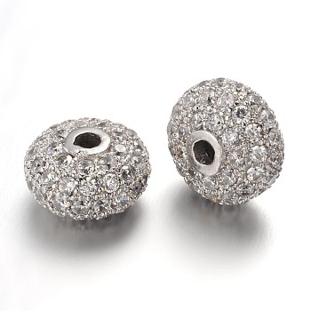 Brass Micro Pave Cubic Zirconia Beads, Rondelle, Lead Free & Nickel Free, Clear, Platinum, 10x6mm, Hole: 1.5mm