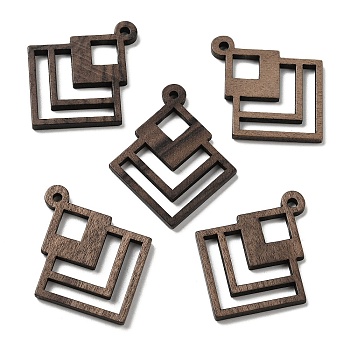 Walnut Wood Hollow Pendants, Rhombus Charms, Undyed, Coffee, 36x29.5x2mm, Hole: 2mm