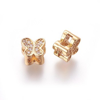 Brass Micro Pave Cubic Zirconia Slide Charms, Butterfly, Clear, Golden, 7x8x5.5mm, Hole: 2x5mm