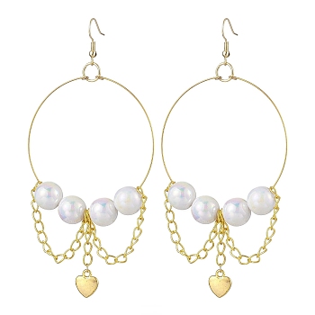 Stainless Steel Acrylic Imitation Pearl Dangle Earrings, Alloy Heart & Iron Chain Tassel Earrings for Women, Golden, 112x54.5mm