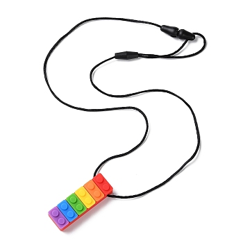 Rainbow Building Blocks Food Grade  Silicone Pendant Molar Stick Nursing Necklaces, Chewing Beads For Teethers, Colorful, 465~880x1.5mm, Pendants: 59.5x19.5x12.5mm