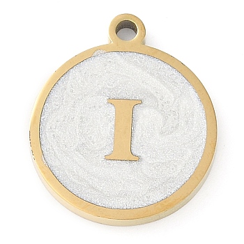 Ion Plating(IP) 201 Stainless Steel Pendants, with White Enamel, Real 18K Gold Plated, Flat Round with Letter, Letter I, 18.5x15.5x2mm, Hole: 1.6mm