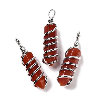 Natural Red Agate Big Pendants, Eco-Friendly Copper Wire Wrapped, Platinum, Cadmium Free & Lead Free, Bullet, Dyed & Heated, 54.5x14x13.5mm, Hole: 8mm