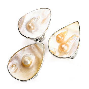 Freshwater Shell with Pearl Adjustable Finger Rings for Girl Women, Platinum Brass Rings, Teardrop, 4mm, Inner Diameter: 18mm, Teardrop: 30~34x20~24mm