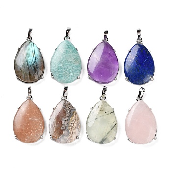 Natural Mixed Stone Pendants, Brass Teardrop Charms, Platinum, Cadmium Free & Lead Free, 28.5x18x5~6mm, Hole: 5x4mm