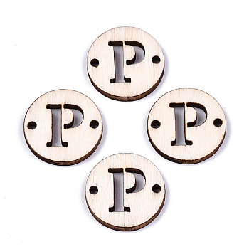 Unfinished Natural Poplar Wood Links Connectors, Laser Cut, Flat Round with Word, Letter.P, 19.5x2.5mm, Hole: 2mm