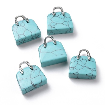 Synthetic Turquoise Brass Pendants, Platinum, Bag, 27.5x25x10mm, Hole: 6mm