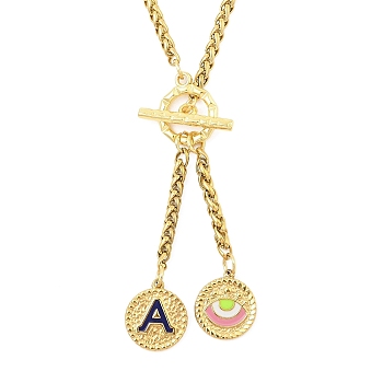 Ion Plating(IP) 304 Stainless Steel Blue Enamel Letter & Eye Pendant Wheat Chain Necklaces, with Toggle Clasps, Golden, Letter A, 20.47~20.87 inch(52~53cm)