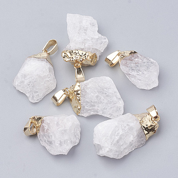 Natural Quartz Crystal Pendants, Rock Crystal Pendants, with Golden Tone Iron Brass Findings, Nuggets, Clear, 20~30x10~18x8~18mm, Hole: 3~4x7mm