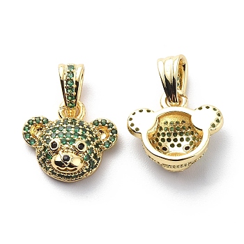 Brass Cubic Zirconia Charms, Bear Head Charm, Real 18K Gold Plated, Green, 14x16x6.5mm, Hole: 3.5x6.5mm