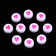 Opaque Acrylic Beads, with Enamel, Flat Round with Heart, Hot Pink, 7x3.5mm, Hole: 1.2mm, about 3600~3700pcs/500g(MACR-N008-57F)