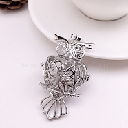 Brass Bead Cage Pendants, for Chime Ball Pendant Necklaces Making, Hollow Owl Charm, Platinum, 60x29mm(BECA-PW0001-02B)