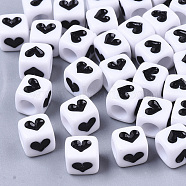 Opaque Acrylic Beads, Cube with Heart, Black, 6x6x6mm, Hole: 3.5mm, about 3200pcs/500g(SACR-T355-01)