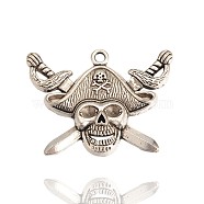 Tibetan Style Alloy Pendants, Pirate Style Skull Necklace Pendants, Antique Silver, 34x45x5mm, Hole: 3mm(PALLOY-J154-89AS)