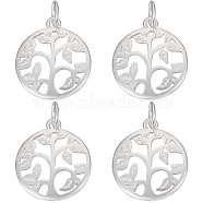 4Pcs 925 Sterling Silver Pendants, Flat Round with Tree of Life Charms, with Jump Rings, Silver, 16x14x2mm, Hole: 3mm(STER-BBC0005-47S)
