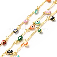 Brass Bar Link Chains, with Colorful Enamel Oval with Evil Eye Charms, Soldered, with Spool, Real 18K Gold Plated, 14x1.5x1mm(CHC-A006-17G)