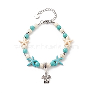 Alloy Tortoise Charm Bracelet with Synthetic Turquoise(Dyed) Starfish Beaded Bracelet for Women, Antique Silver, 7-1/4 inch(18.5cm)(BJEW-TA00197)