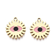 Ion Plating(IP) 316L Surgical Stainless Steel Pendants, Nickel Free, with Enamel, Real 18K Gold Plated, Evil Eye Charm, Pink, 14x12x1.5mm, Hole: 1.2mm(STAS-D035-05E-G-01)