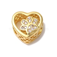 Heart with Paw Print Pattern Rack Plating Brass Micro Pave Cubic Zirconia European Beads, Large Hole Beads, Cadmium Free & Lead Free, Long-Lasting Plated, Real 18K Gold Plated, Clear, 11x12x8mm, Hole: 4.5mm(KK-G511-05A-G)