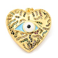 Rack Plating Brass Micro Pave Cubic Zirconia Pendants, with Enamel, Cadmium Free & Lead Free, Long-Lasting Plated, 
Real 18K Gold Plated, Heart with Evil Eye, Light Sky Blue, 29x28x11mm, Hole: 4.6x3.2mm(KK-C026-16G-01)