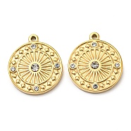 304 Stainless Steel Pendants, with Rhinestone, Flat Round, Real 14K Gold Plated, 18x15.5x2.5mm, Hole: 1.2mm(STAS-L022-150G)