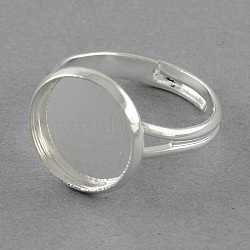 Adjustable Brass Pad Ring Settings, Flat Round, Silver Color Plated, 17mm, flat round: 15mm, Tray: 14mm(MAK-S016-14mm-JN001S)