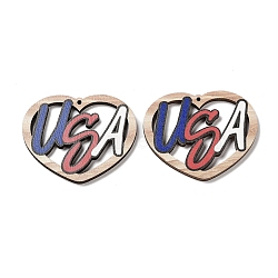 Spray Painted Wood Big Pendants, Heart with Word USA, 37x45.5x2.5mm, Hole: 1.6mm(WOOD-D028-01A)