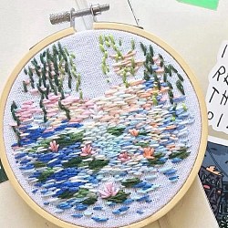 DIY Lotus Pattern Embroidery Starter Kit, Cross Stitch Kit Including Imitation Bamboo Frame, Carbon Steel Pins, Cloth and Colorful Threads, Colorful, 177x164x8.5mm, Inner Diameter: 144mm(DIY-C038-07)