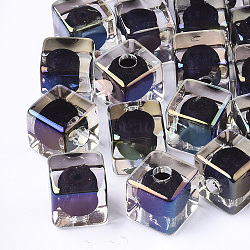 Transparent Acrylic Beads, UV Plating & Rainbow, Bead in Bead, Half Drilled Beads, Cube, Midnight Blue, 12.5x12.5x12.5mm, Half Hole: 3.5mm(X-TACR-S148-08F)