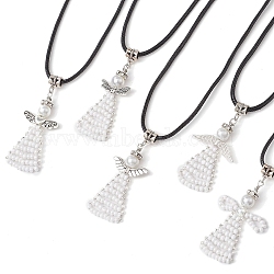 5Pcs 5 Styles Seed Beads Loom Angel Pendant Necklaces, Black Imitation Leather Cord Necklaces, White, 17.44 inch(44.3cm), 1pc/style(NJEW-MZ00061)