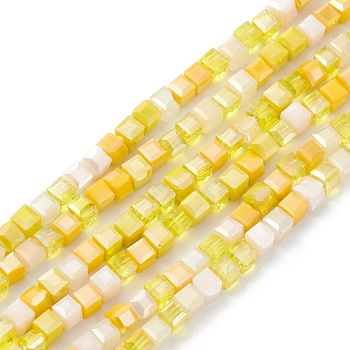 Gradient Color Electroplate Glass Bead Strands, AB Color Plated, Faceted, Cube, Yellow, 4x4x4mm, Hole: 1.2mm, about 94~97pcs/strand, 14.84~15.28 inch(37.7~38.8cm)