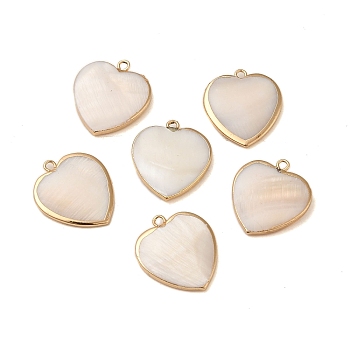 Natural Freshwater Shell Pendants, Heart Charms with Golden Tone Brass Edge, WhiteSmoke, 23x20x3mm, Hole: 2mm