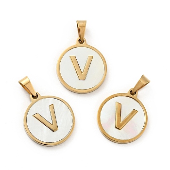 PVD Vacuum Plating 304 Stainless Steel with White Shell Pendants, Golden, Flat Round with Letter Charm, Letter.V, 18x16x1.5mm, Hole: 3x6mm