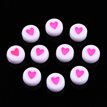 Opaque Acrylic Beads, with Enamel, Flat Round with Heart, Hot Pink, 7x3.5mm, Hole: 1.2mm, about 3600~3700pcs/500g