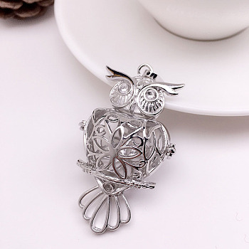 Brass Bead Cage Pendants, for Chime Ball Pendant Necklaces Making, Hollow Owl Charm, Platinum, 60x29mm